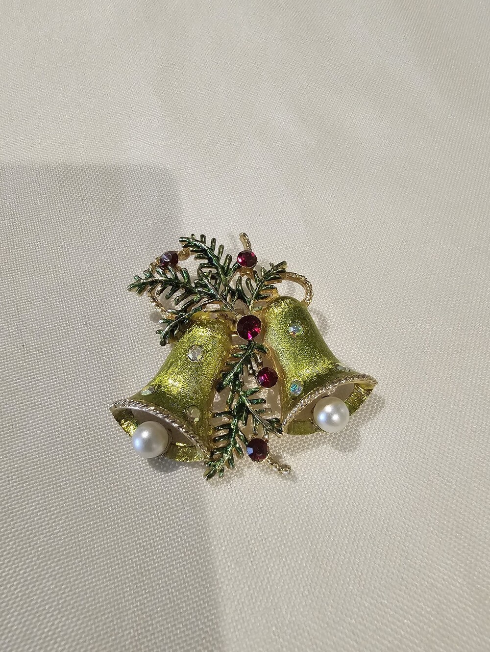 Vintage Bell Brooch with Pearls and Red Accents